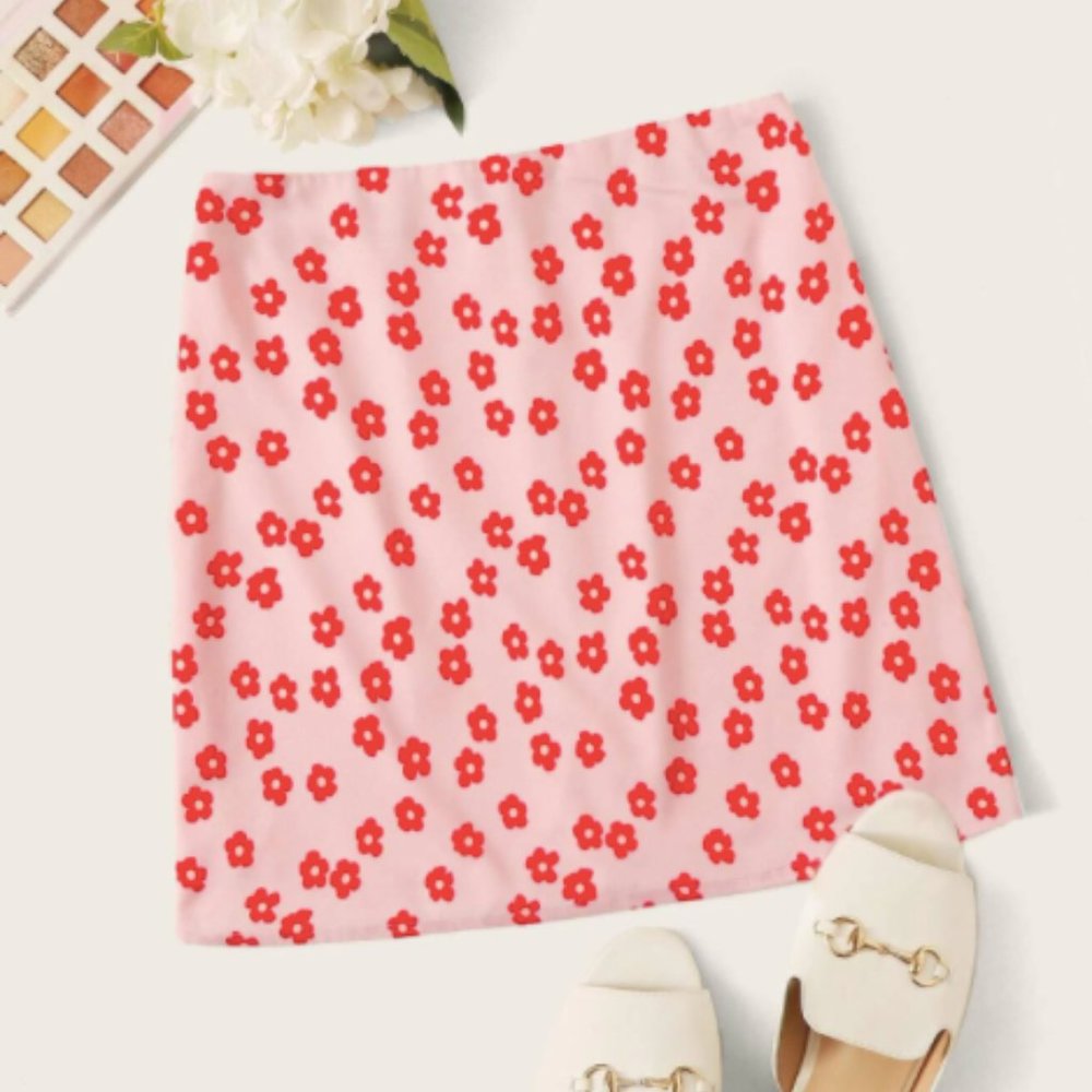 Red and pink floral miniskirt